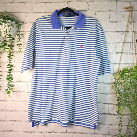 POLO RALPH LAUREN SHORT SLEEVE GOLF FIT PURPLE & ROSE STRIPES MENS SIZE LARGE - Picture 1 of 4